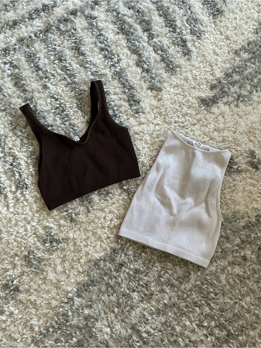 Ribbed Crop Tank Tops - Brown & White